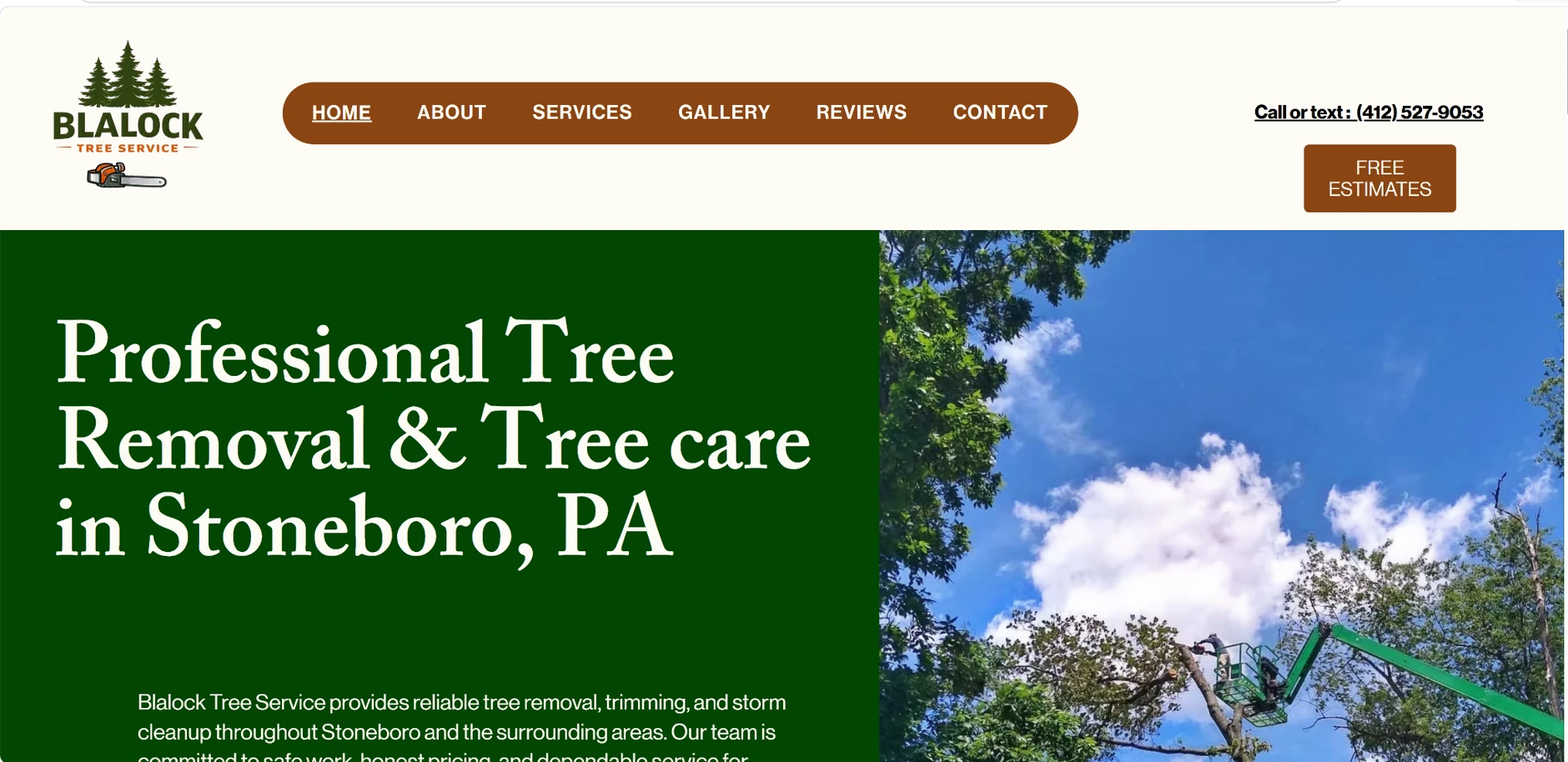 Actual homepage screenshot of the Blalock Tree Service website
