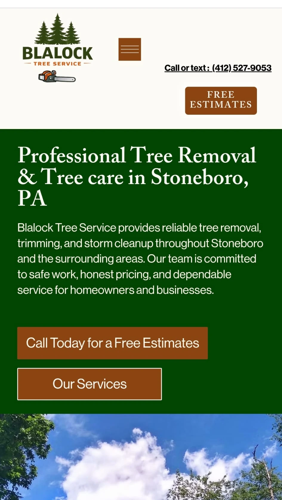 Actual owner-supplied mobile homepage screenshot for Blalock Tree Service