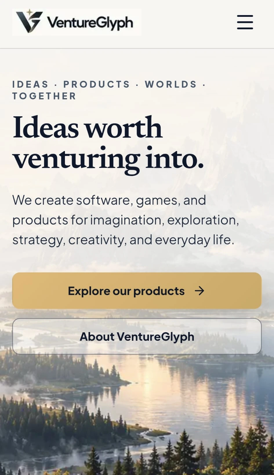 Actual owner-supplied mobile homepage screenshot for VentureGlyph